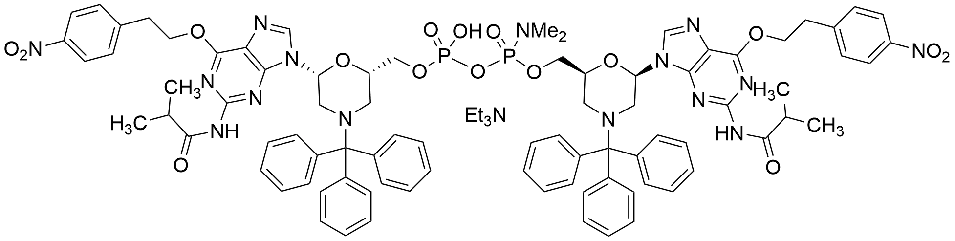 [N2-Isobutyryl-N4-p-nitrophenylethyl N-trityl-morpholino guanosine] Methyl-[N2-Isobutyryl-N4-p-nitrophenylethyl N-trityl-morpholino Guanosine]methyl-N,N-dimethylphosphoramidochloridate Phosphate Triethylamine Salt - image 1