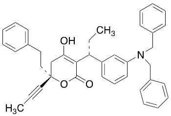 [R-(R*,R*)]-3-[1-[3-[Bis(phenylmethyl)amino]phenyl]propyl]-5,6-dihydro-4-hydroxy-6-(2-phenylethyl)-6-(1-propynyl)-2H-pyran-2-one - image 1