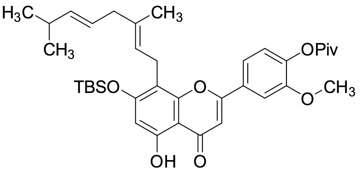 7-(tert-Butyldimethylsilyl)oxy-8-((2E,5E)-3,7-dimethylocta-2,5-dien-1-yl) Cannflavin A Pivalate - image 1